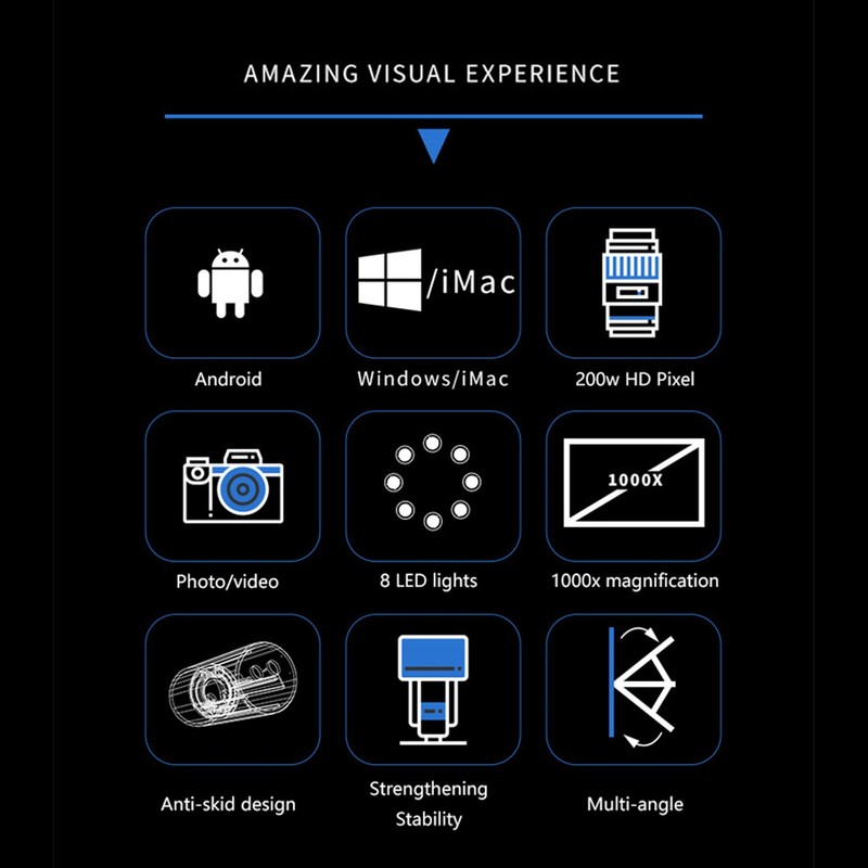 Digital Microscope 50‑1000X Magnification 2 Million Pixels Handheld USB Microscope