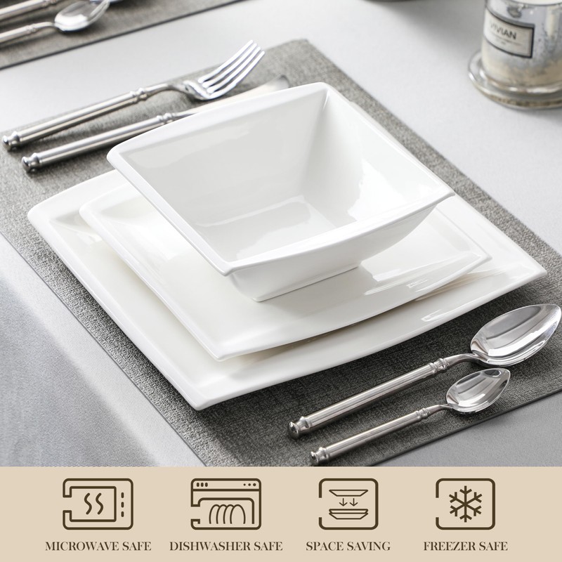 MALACASA Dinnerware Sets, 30 Piece Ivory White Plates and Bowls