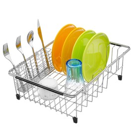 iPEGTOP Expandable Dish Drying Rack Over Sink, Rustproof Stainless Steel Dish Drying Rack Basket Shelf, Multifunctional Dish Drainer Organizer with Utensil Cutlery Holder