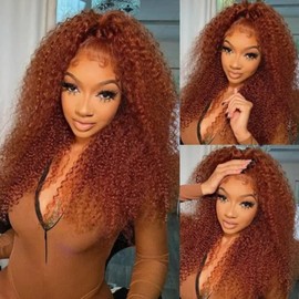 Longqi Ginger Brown 13x4 HD Transparent Lace Front Wigs Human Hair Curly Wig for Women Human Hair Brazilian Remy Hair Auburn Brown Color Jerry Curly Human Hair Wigs 150% Density Pre Plucked with Baby Hair 20 Inch