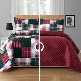 Elegant Comfort 3-Piece Plaid Patchwork Reversible Quilt - Soft Bedspread with Matching Pillow Shams, Heavy Weight Premium Stitching All Season Quilted Coverlet - King, Burgundy