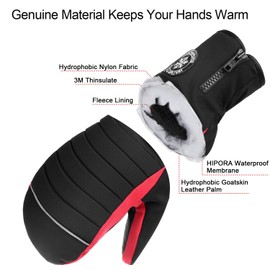 KUTOOK Ski Gloves Men Snow Mittens Womens Leather Snow Gloves Waterproof Black X-Large