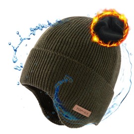 TOP-EX Men's Large Size Knit Hat with Ear Pads Merino Wool Waterproof Knit Cap Ski Hat Small Face Effect Cold Protection Autumn Winter Bicycle Walking Ski Women's, armygre
