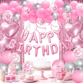 Pink Birthday Decorations, Happy Birthday Banner, Confetti Balloons, Fringe Curtain, Heart Star Foil Balloons, Hanging Swirls for Women Girls Birthday Princess Party Decorations