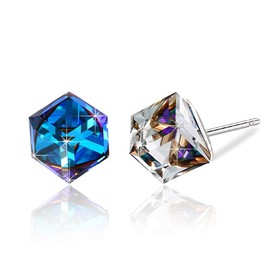Cube Austrian Crystal Drop Stud Earrings for Women Fashion S925 Sterling Silver Hypoallergenic Jewelry (Dark Blue)