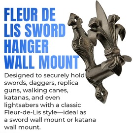 SZCO 3” Fleur de Lis Sword Hanger Wall Mount – Set of 2 Expandable Pewter Finish Hook Set for Swords & Daggers– Decorative Wall Stand, Katana Wall Mount, Sword Holder & Gun Rack with Hardware