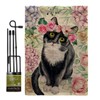 Cat Floral Tuxedo Burlap Garden Flag Set with Stand Animals