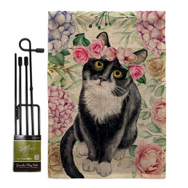 Cat Floral Tuxedo Burlap Garden Flag Set with Stand Animals Kitten Meow Spoiled Paw Fur Pet Nature Farm Animal Creature Small Decorative Gift Yard House Banner Double-Sided Made In USA 13 X 18.5