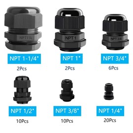 MTDELE 50Pcs Cable Gland Waterproof Pass Through Kit NPT1/4 3/8" 1/2" 3/4" 1" 1-1/4" IP68 Waterproof Level for Electrical Box Waterproof Nylon Strain Relief Cord Connector with Gaskets