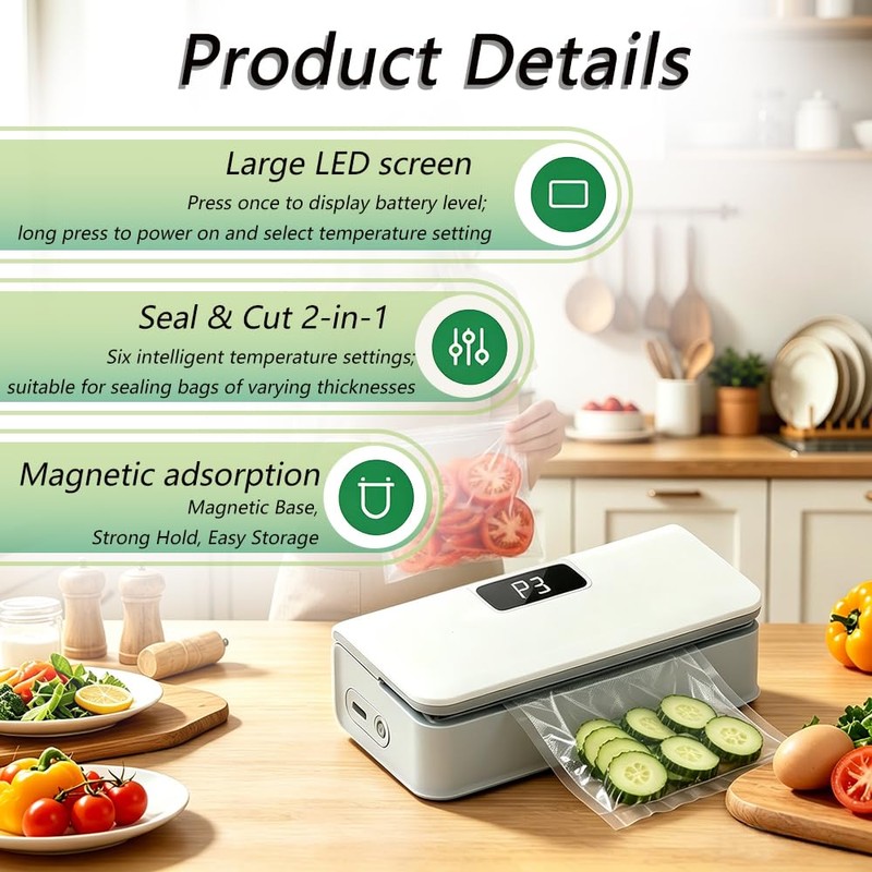 6-Gear Adjustable Mini Bag Sealer, with LED Display, Cutter &