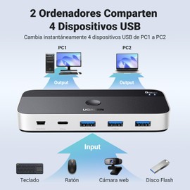 UGREEN Switch KVM USB 3.0 de 4 Puertos para 2 PC Conmutador 2 Entradas 4 Salidas 5 Gbps para Teclado Ratón Impresora Disco Duro Escáner con Control de Escritorio y 2 Cables USB 3.0 Incluidos