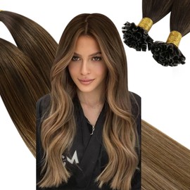 Ugeat Real Hair Bondings Extensions Brown Balayage Keratin Bonding Extensions Real Hair 50 cm Real Hair Extensions Bondings Medium Brown Ombre Light Brown with Golden Blonde 50 g 50 Strands