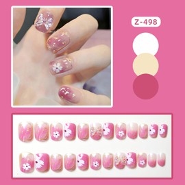 Vezocim Press on Nails Short Square Shapes 24Pcs Glossy Full Cover Artificial Pink Fake Nails with Flower Bow Gems Designs Reusable Acrylic Coffin Short False Nails Glue on Fingernails for Women