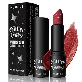 Glitter Lipstick, Red Burgundy Lipstick Shimmer Long Lasting, Dark Red Diamond Sparkly Glossier Lip Plumper, Velvety Smooth Highly Pigmented Waterproof Non-stick Lipstick Makeup Gift for Women