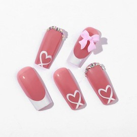 French Tip Press on Nails Medium Square Fake Nails White Heart Acrylic Nails Pink Bow Charms False Nails with Rhinestone Glue on Nails Glossy Artificial Stick on Nails for Women Girls Manicure 24Pcs