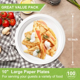 Paper Plates 10 Inch Bulk, 100 Pack Compostable Paper Plates Heavy Duty, Large Paper Plates White, Eco Friendly Plates Disposable For 100 Guests