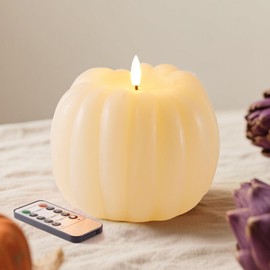 Velsyn Fall Decorations for Home, Flickering Flameless Wax Pumpkin LED Candle with Timer Remote Control, Thanksgiving Gifts, Autumn Farmhouse Rustic Harvest Decor for Tiered Tray Table Indoor (White)