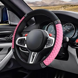 ZIMISI Bling Soft Leather Steering Wheel Cover, 15" Anti-Slip Sparkly Crystal Auto Elastic Steering Wheel Protector for Women Girl, Colorful Diamond Car Interior Accessory for Most Cars (Pink)