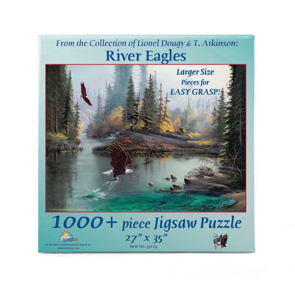 SUNSOUT INC - River Eagles - 1000 pc Large Pieces Jigsaw Puzzle by Artist: Lionel Dougy and T. Atkinson - Finished Size 27" x 35" - MPN# 53124