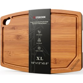 Astercook Large Bamboo Cutting Board, Deep Carbonized Wooden Chopping Board with Juice Groove and Handle, Kitchen Prep & Serving Board for Meat, Vegetables, Bread and Charcuterie