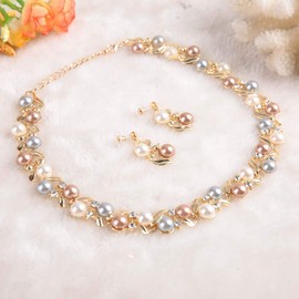 Salmue Conjunto de aretes de Collar con Perlas de imitación para Mujeres, Conjunto de joyería Nupcial con Diamantes de imitación para el Día de la Madre (Oro)