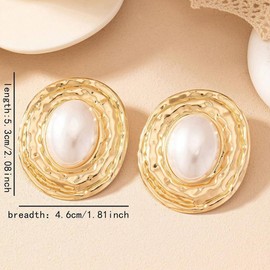 Large Gold Pearls Oval Dangling Earrings for Women Vintage Geometric Round Dangle Earring Exaggerated Plus Size Two Tone Statement Jewelry Costume Accessories (Gold)