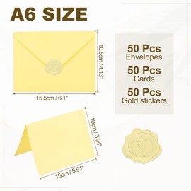 PATIKIL 50Pack Light Yellow 4x6 Envelopes with Cards, V Flap A6 Envelopes with Cardstock & Gold Stickers for Greeting Cards Wedding Greeting Birthday Invitations Letter Mailing