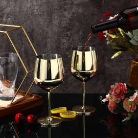 Gold Stem Stainless Steel Wine Glasses 18oz Unbreakable Stemware Portable Shatterproof Metal Goblet Glasses Wine Drinkware for Champagne Cocktails Banquet Wedding Party Camping (2 Pack)