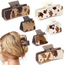 Yussti Hair Claw Clips for Women Leather Square Hair Clips Cows Print Matte Faux Cattle Hide Hairpins Neutral Cowhide Large Small For Her Friends Girls Thick Thin Hair Accessories Western Gift 6PCS