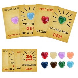 24 Pack Valentines Cards for Kids with Heart Shape Crystal Stones, Valentines Day Gifts Heart Gem Stone for Boys Girls Toddlers Valentines Exchange Class Classroom School Party Favor Prizes