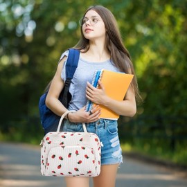 OYLOLA Lunch Bag Women Lunch Box for Women Adult Cute Insulated Lunch Bag Lager Cooler Lunch Tote Bags for Work Picnic (Beige-Strawberry)