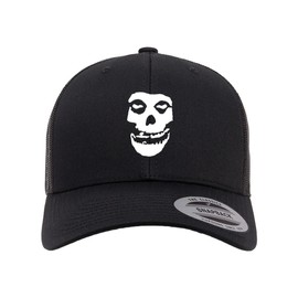 Mari Kyrios Misfit Heat Pressed Fiend Skull Black on Black Curved Bill Hat - Adult Mesh Trucker Snap Back Cap