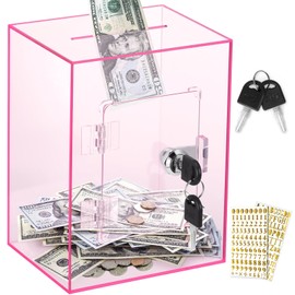 X-Large Piggy Bank for Adults Kids, Vcertcpl Acrylic Clear Piggy Bank with Key Money Saving Box for Cash Saving, Openable Adults Bank for Real Money Bank Coin Bank Change Jar (Pink)