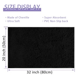 RUN HELIX Chenille Bath Mat Non Slip, Black Bathroom Mat 50x80 cm, Shaggy Bathroom Rug, Absorbent Bath Mats for Bathroom, Fluffy Bathroom Mats (50 x 80 cm, Black)