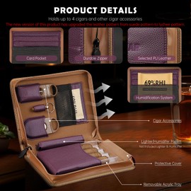 KEJIAR Travel Cigar Humidor Set, Humidor Cigar Box with V Cutter, Straight Cutter, Hole Puncher, Two-Way Humidity Control Packs, Leather Holder Case with Cigar Accessories Kit (Purple)