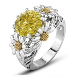 Lzz Fashion Lady 925 Sterling Silver Ring 3.5ct Citrine Daisy Ring Cubic Zirconia Sunflower Flower Wedding Ring Size 6-10 (US Code 10)