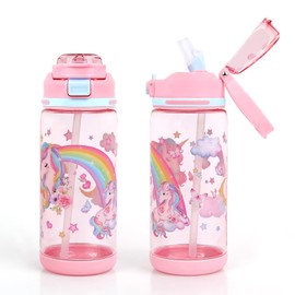 decalsweet Children's Drinking Bottle, 600 ml Children's Drinking Bottle with Straw, BPA-Free Sports Water Bottle for Nursery School, Leak-Proof Children's Water Bottles for Girls and Boys (Unicorn)