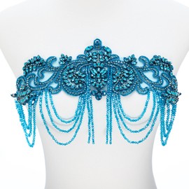 amusediy Sky Blue Beaded Rhinestones Applique Embellishment for Clothes,Epaulettes Shoulder Patches Sew-on Diamond Sequin Applique for Wedding Dress DIY Accessories Belt Waist Decoration