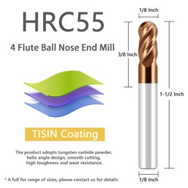 AYCHOLIZ 4Flutes Tungsten Carbide Ball Nose End Mill Bits Set - 1/8" Shank Dia - TISIN Coated - for Alloy Steels, Hardened Steels