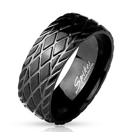 Bungsa Men's Ring Tyre Tread Black Stainless Steel 60-70, Stainless Steel