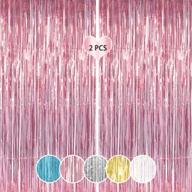 ILLUVA 2 Pack Metallic Tinsel Foil Fringe Curtains, Photo Booth Backdrop Hanging Door Streamers for Birthday Party, Pink Party Decorations-3.2Ft x 6.56Ft