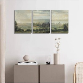 IBHJSART Countryside Vintage Wall Art Set of 3 Framed Nature Field Landscape Canvas Prints Neutral Green Oil Painting Artwork Rustic Farmhouse Decor Pictures for Living Room Bedroom Bathroom Office