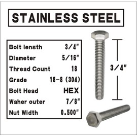 (10 Sets) 5/16-18x3/4" Stainless Steel Hex Head Screws Bolts, Nuts, Flat & Lock Washers, 18-8 (304) S/S, Fully Threaded by Bolt Fullerkreg
