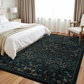 Vasofe 5x7 Rug for Bedroom,Washable Rugs for Living Room, Dining Room, Indoor Floor Mat, Vintage Floral Mats for Nrusery, Farmhouse, Laundry Room, Non Slip Low Pile Soft Modern Carpet, Black&Flower