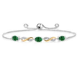 Gem Stone King 1.08 Ct Oval Green Created Emerald 925 Silver and 10K Yellow Gold Lab Grown Diamond Adjustable Infinity Bracelet For Women Mother's Mom Wife Her