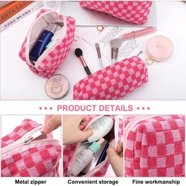 Makeup Bag 3 Pieces Large Capacity Checkered Cosmetic Travel Toiletry Bag Organizer Cute Makeup Bag Pouch Storage Bag for Women, Rose, Fashion