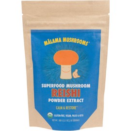 Malama Organic Reishi Mushroom Powder, Pure Fruiting Body Extract, Adaptogenic Superfood for Immune Support and Wellness, 100 Servings