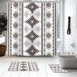 4PCS Western Aztec Shower Curtain Set Abstract Bathroom Set with Rugs