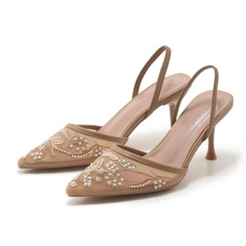 ATBELL Embroidered Mesh Slingback Heels for Women White Pearl Kitten Heel Pumps Pointed Toe Backless Wedding Shoes Nude Size 5