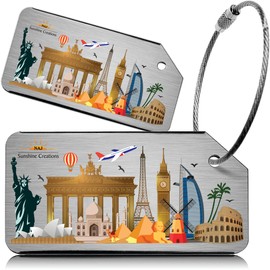 NAJ Luggage Tags 2 Pcs, Luggage Labels for Suitcase, Brushed Aluminum Alloy Travel Accessories with World Skyline Design Name ID Labels for Small & Large Suitcase, (Skyline Pack-2)